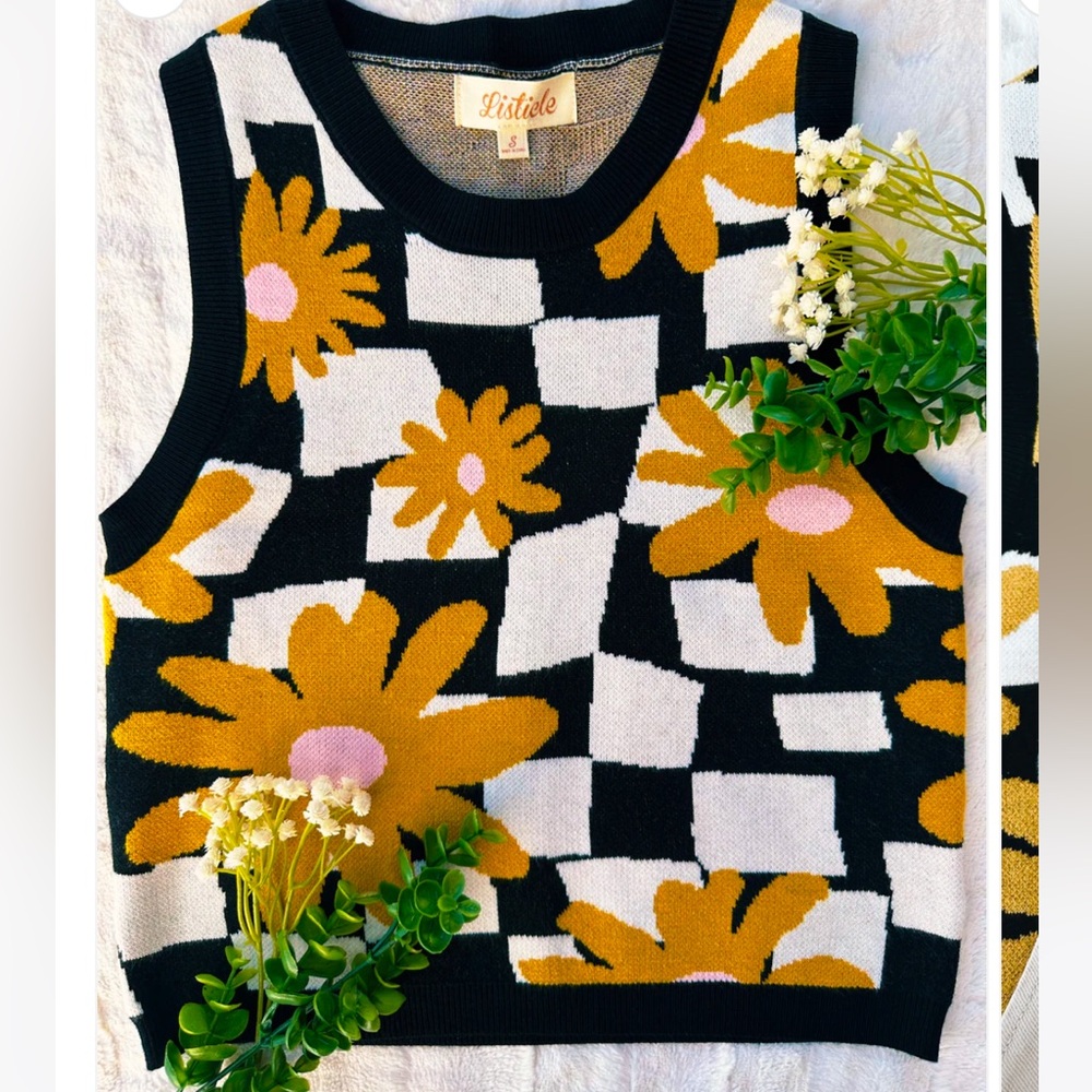 Listicle Black and Yellow Floral Sweater Vest